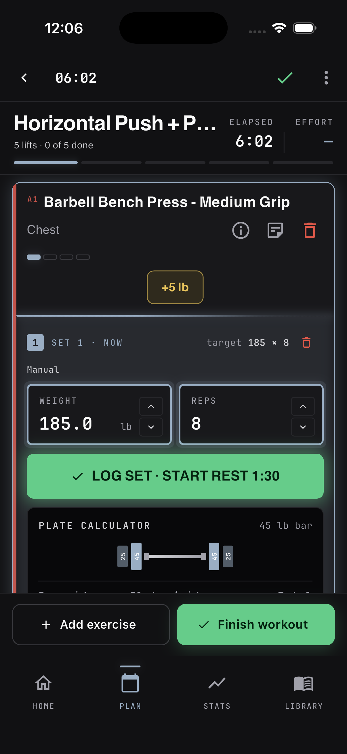 Actual MyLVL active workout showing a programmed bench press, set inputs, rest action, and plate calculator