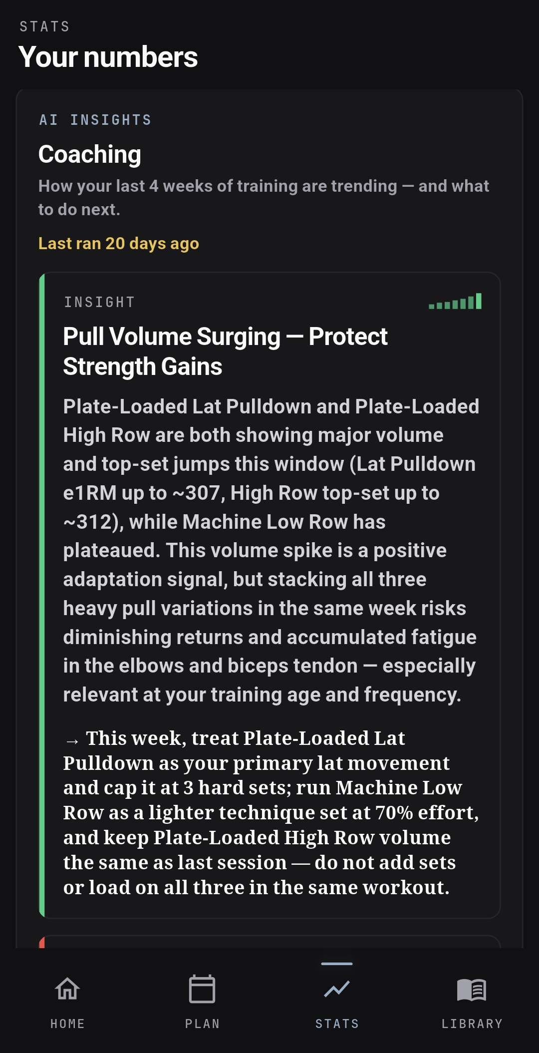 MyLVL AI coaching insight based on recent pull volume and strength data