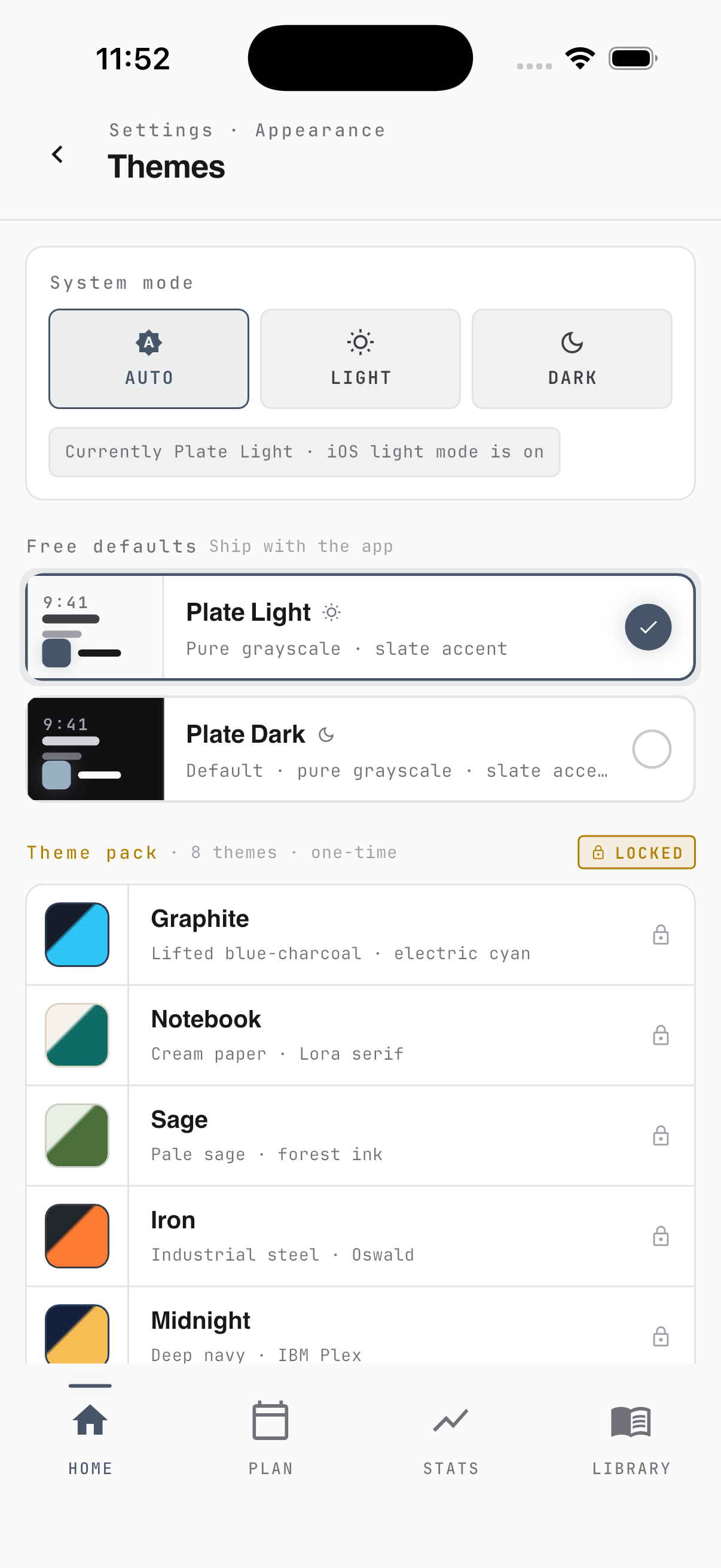 MyLVL theme picker showing Plate Light, Plate Dark, Graphite, Notebook, Sage, Iron, Midnight, Cobalt, Blush, and Orchid